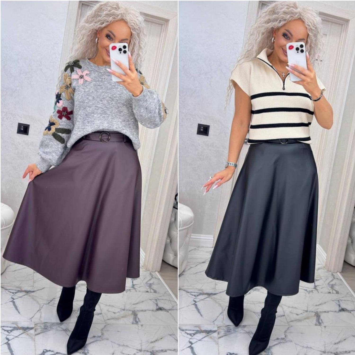 юбка-миди осень-весна, юбка из эко-кожи Милый дом