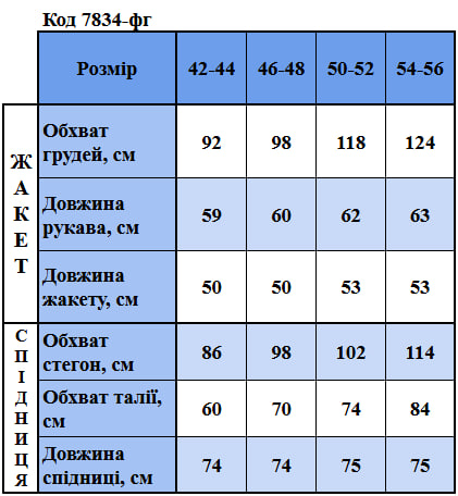Таблица размеров