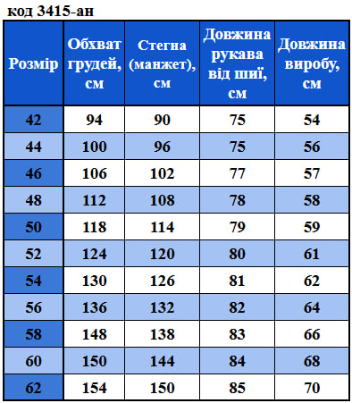 Таблица размеров