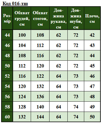 Таблица размеров