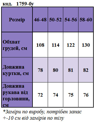 Таблица размеров
