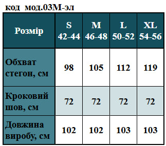 Таблица размеров