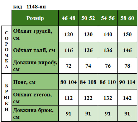Таблица размеров