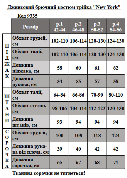 Таблица размеров