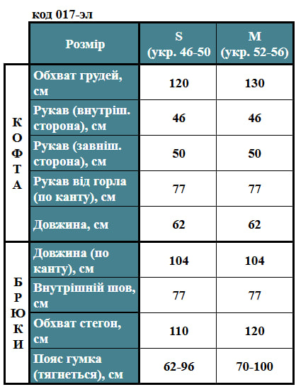 Таблица размеров