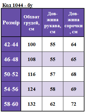 Таблица размеров