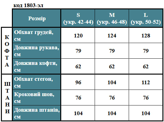 Таблица размеров