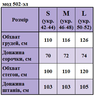 Таблица размеров