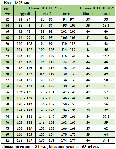 Таблица размеров