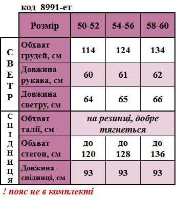 Таблица размеров
