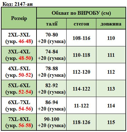 Таблица размеров