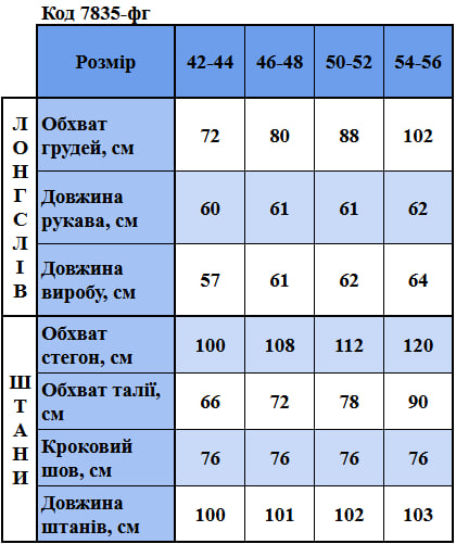 Таблица размеров