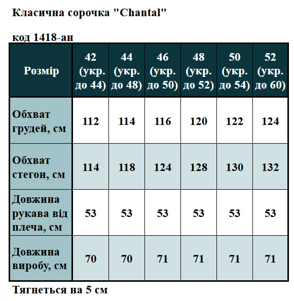 Таблица размеров