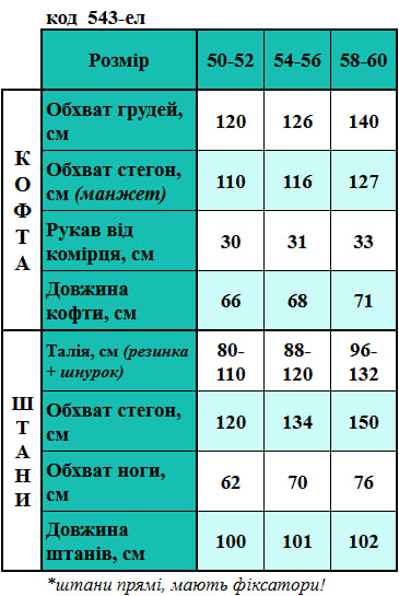 Таблица размеров