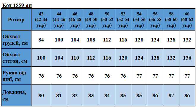 Таблица размеров