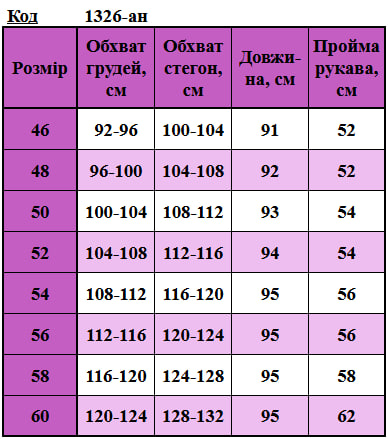Таблица размеров