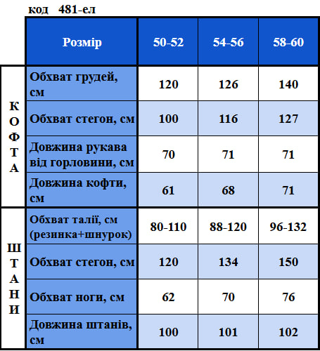 Таблица размеров