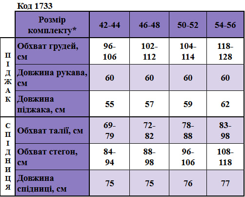 Таблица размеров
