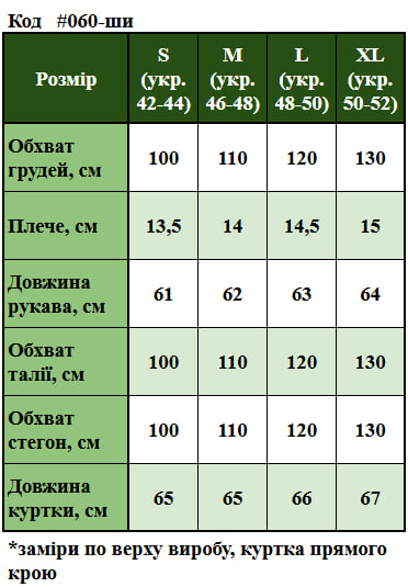 Таблица размеров