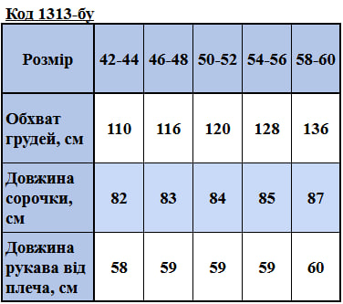 Таблица размеров