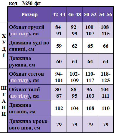 Таблица размеров