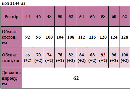 Таблица размеров