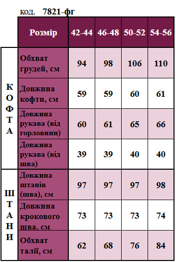 Таблица размеров