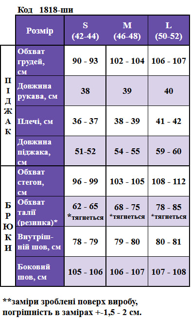 Таблица размеров