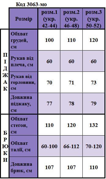 Таблица размеров