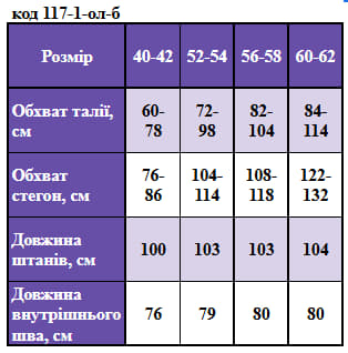 Таблица размеров