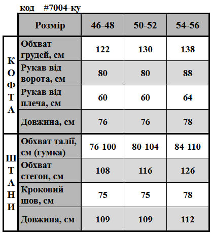 Таблица размеров