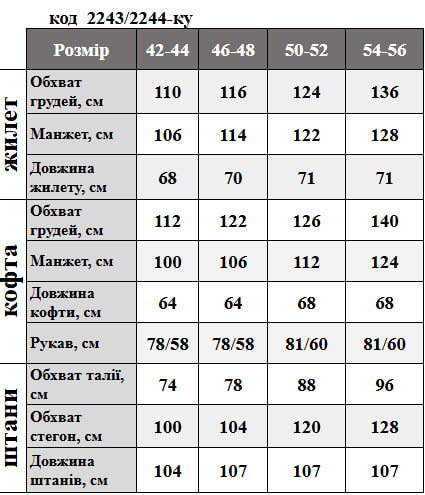 Таблица размеров