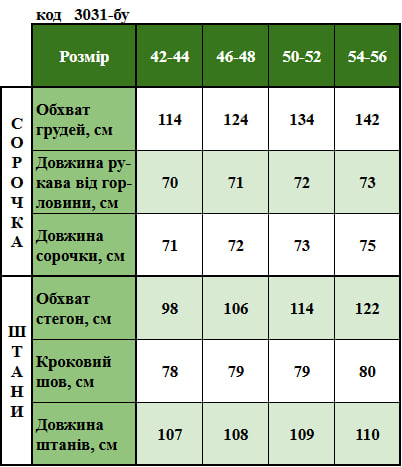 Таблица размеров