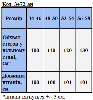 Таблица размеров