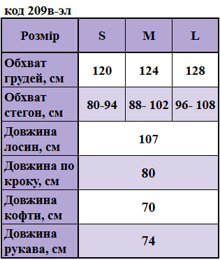 Таблица размеров