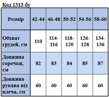 Таблица размеров