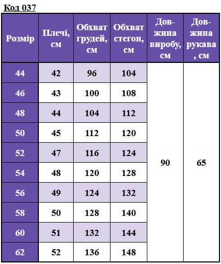 Таблица размеров