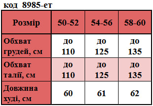 Таблица размеров