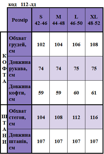 Таблица размеров