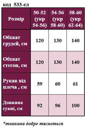 Таблица размеров