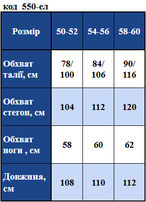Таблица размеров