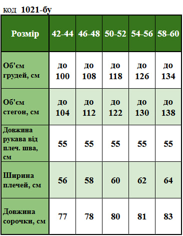 Таблица размеров