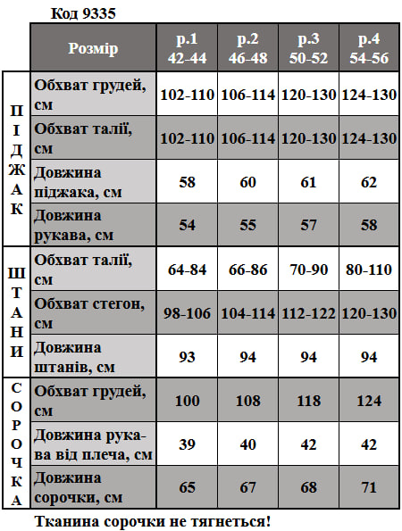 Таблица размеров
