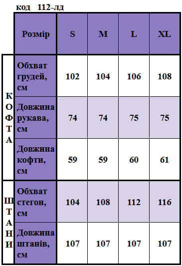 Таблица размеров