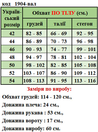 Таблица размеров