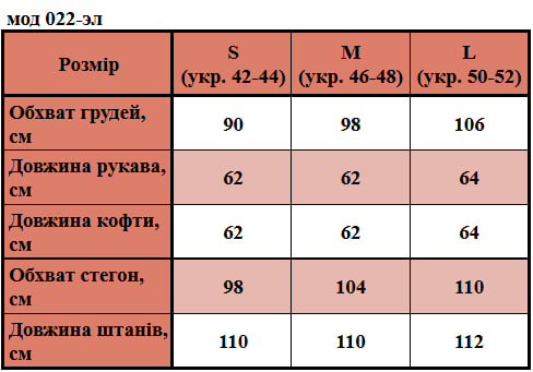 Таблица размеров