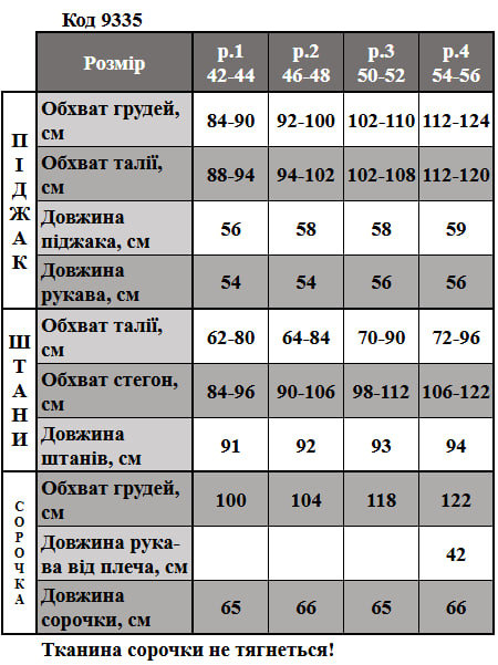 Таблица размеров