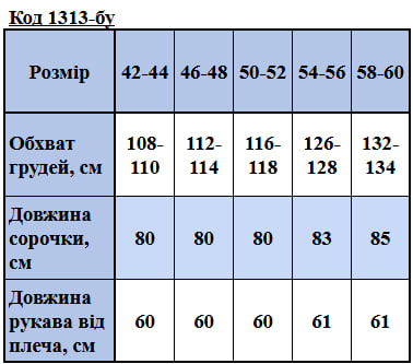Таблица размеров