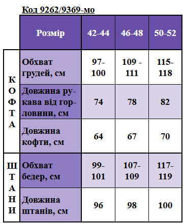 Таблица размеров