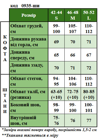 Таблица размеров